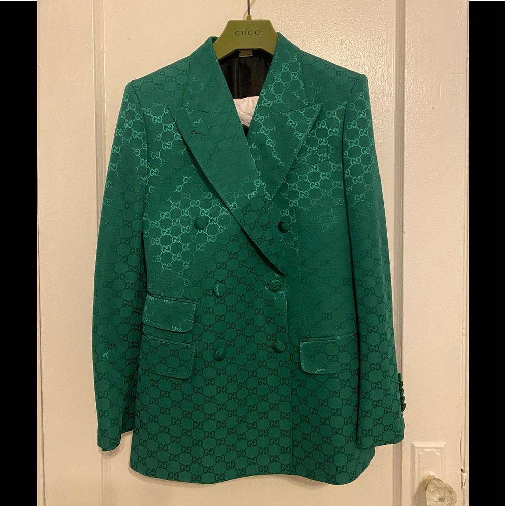 Gucci light GG canvas double-breasted jacket in emerald green - size 40